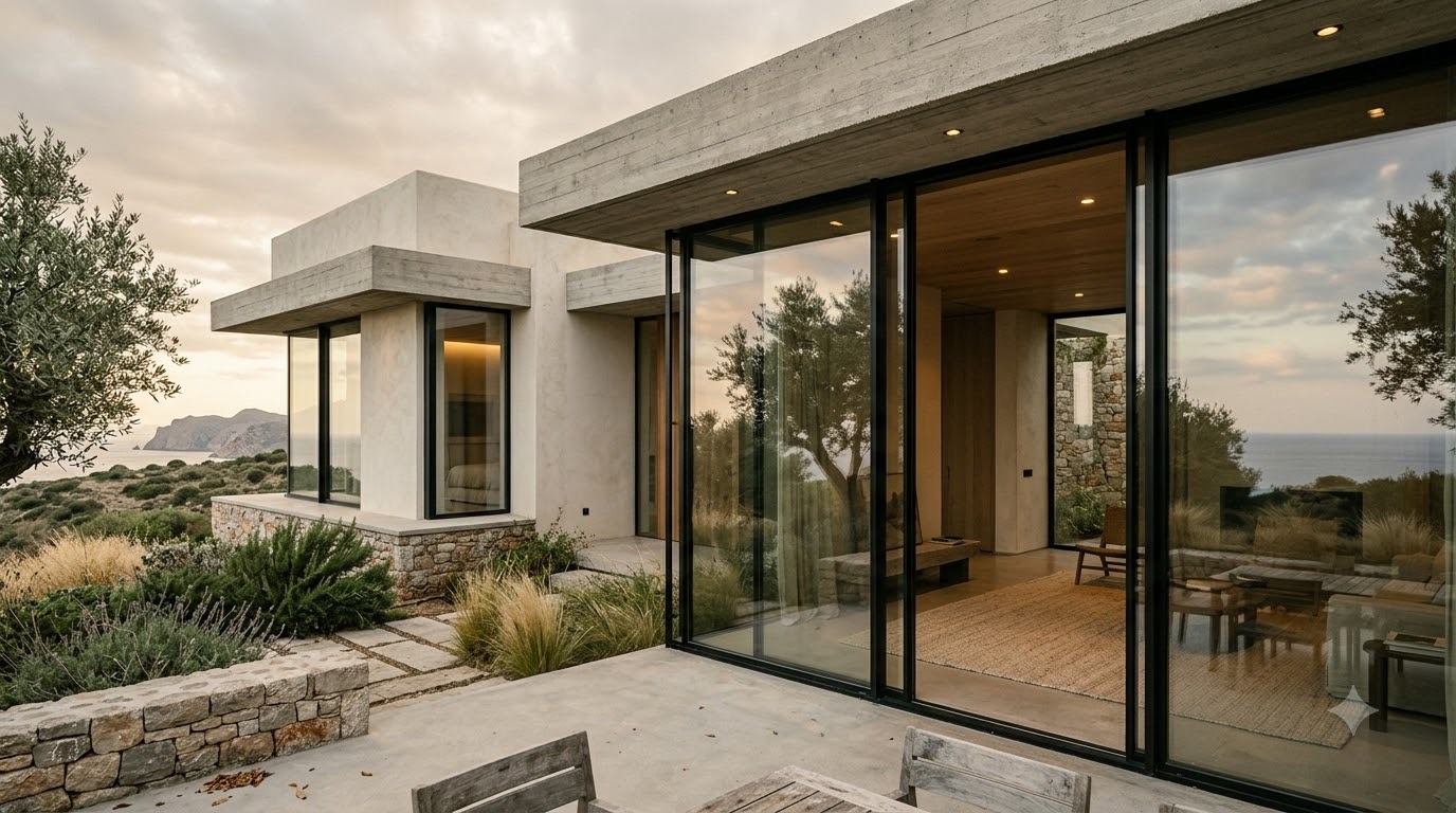 Glazed sliding doors overlooking a coastal terrace