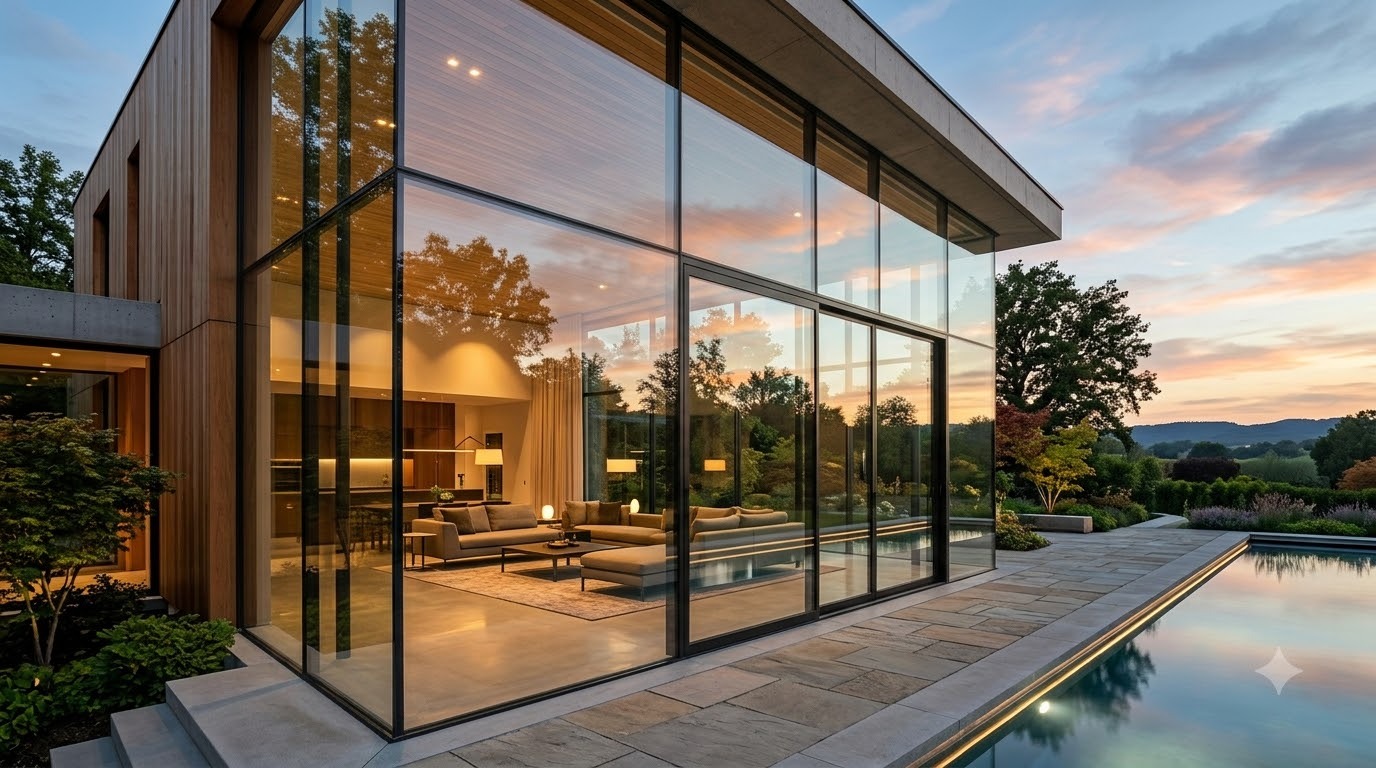 Floor-to-ceiling glazing framing a warm living room beside a pool at sunset