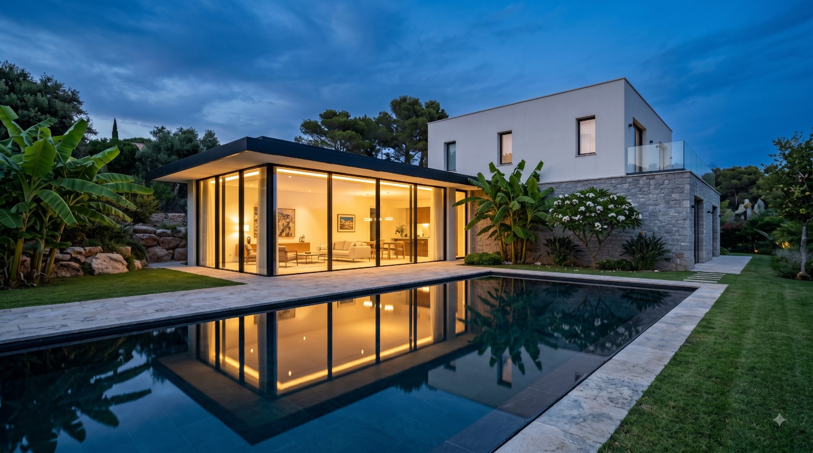 Illuminated poolside home at dusk