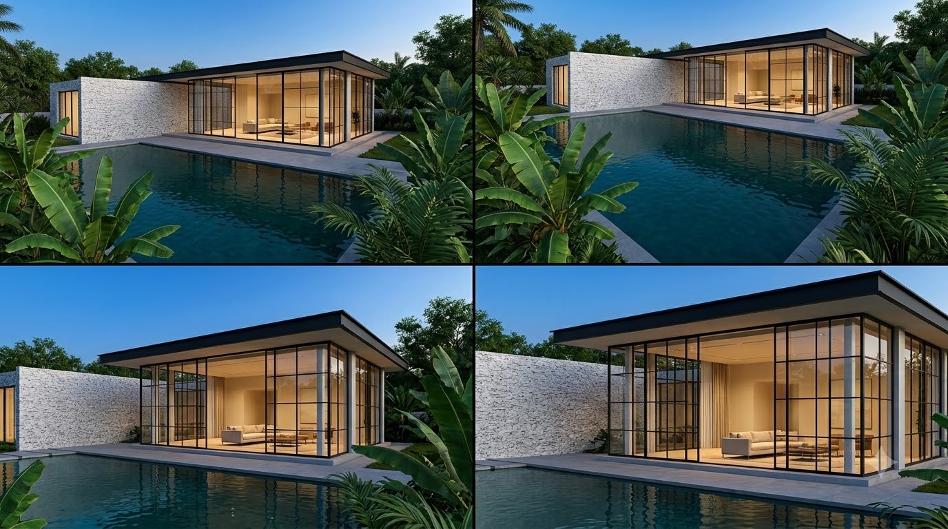 Four views of a tropical glass pool house