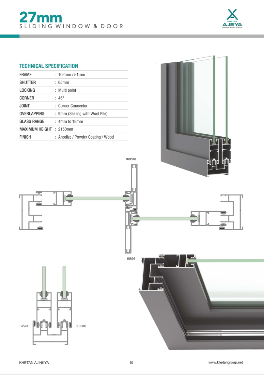 Technical drawings and specifications for 27mm Sliding window & door