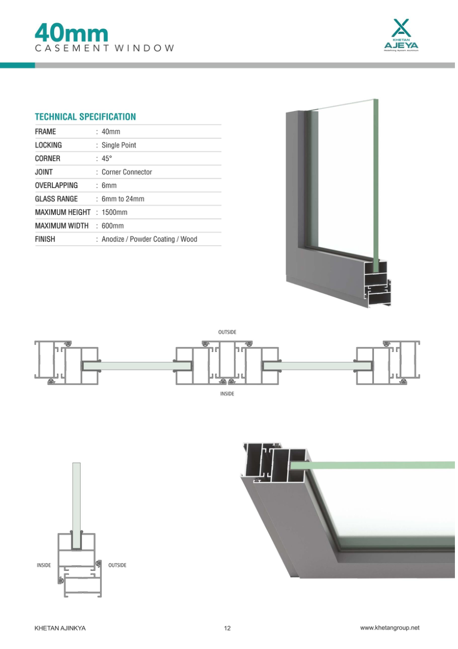 Technical drawings and specifications for 40mm Casement window