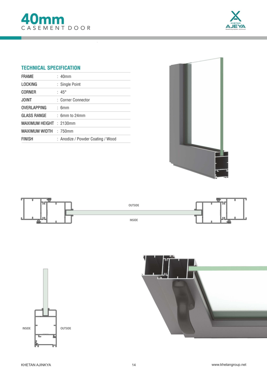 Technical drawings and specifications for 40mm Casement door
