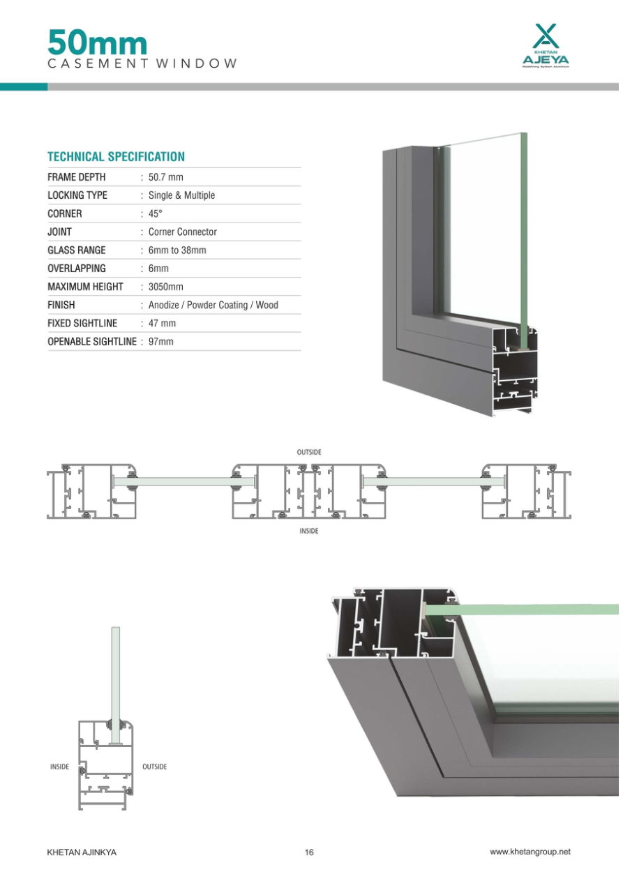 Technical drawings and specifications for 50mm Casement window