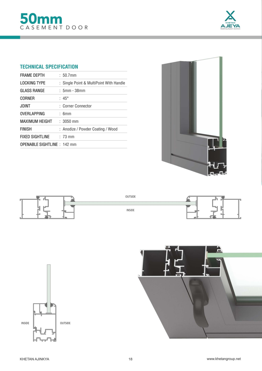 Technical drawings and specifications for 50mm Casement door