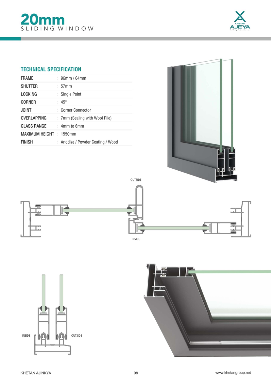 Technical drawings and specifications for 20mm Sliding window